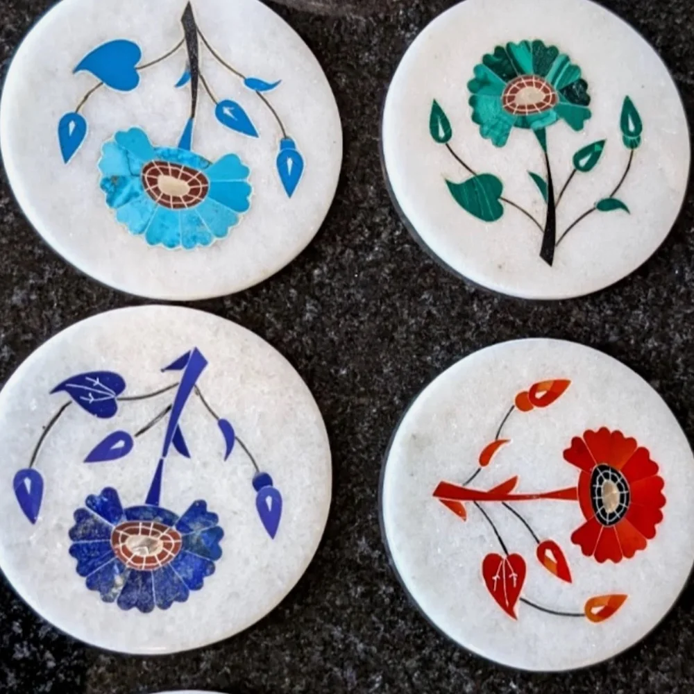 Handcrafted Marble Inlay Floral Coasters Set of 6 + Holder